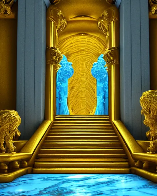 Image similar to scientifically realistic render scifi gold staircase to royal temple carved out of marble skeleton and blue gems and cyan crystal rendered in octane