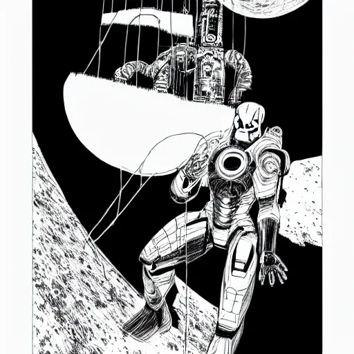 Image similar to black and white sad iron man with wires eat banana on hands on the destroed moon, wires earth background, by tsutomu nihei