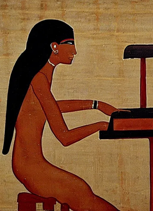 Image similar to ancient egypt painting of girl playing piano, 4 k, high quality, sharp fucos