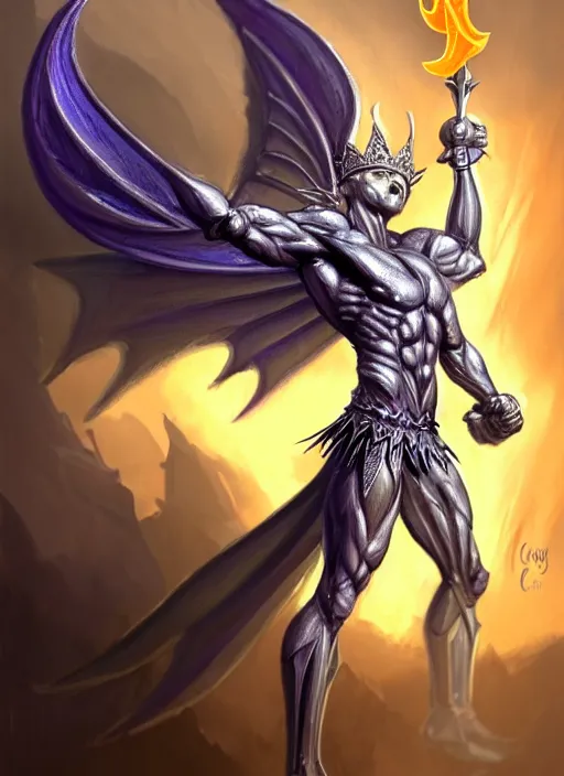 Image similar to aggressive winged androgenous queer silver elf with fire crown, d & d, muscular! crossfit, fitness, tech suit, tight wrinkled cloath, vivid color scheme, atmospheric perspective, fantasy, intricate, elegant, highly detailed, digital painting, artstation, concept art, smooth, sharp focus, illustration, art by craig davison and jesper ejsing