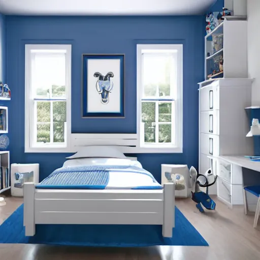 Image similar to award-winning blue and white modern boy's room catalog photo. single bed. A single window illuminates the bed and the desk.