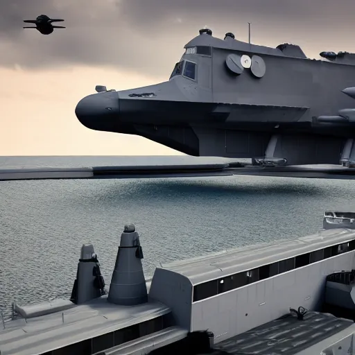 Image similar to promotional movie still, a usa airrcraft carrier. in the distance a tie fighter ( star wars ) comes in for a landing. octane 3 d render, ue 5, realism, cinematic, imax 7 0 mm.