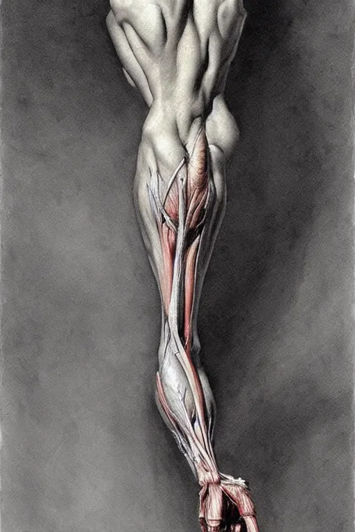 Image similar to human forearm artists anatomy in the style of wayne barlowe, gustav moreau, goward, bussiere, roberto ferri, santiago caruso, luis ricardo falero, dali