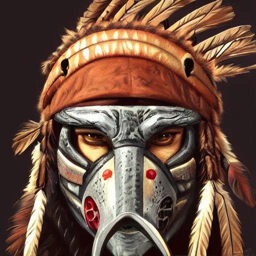 Prompt: painting portrait of a native american wearing a predator face mask, artstation, ultra detailed