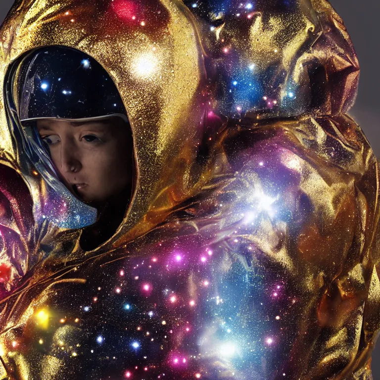 Image similar to octane render portrait by wayne barlow and carlo crivelli and glenn fabry, subject is a woman covered in colorful aluminum foil space suit made of nebula with a colorful metallic space helmet, floating inside a futuristic black and gold space station, cinema 4 d, ray traced lighting, very short depth of field, bokeh