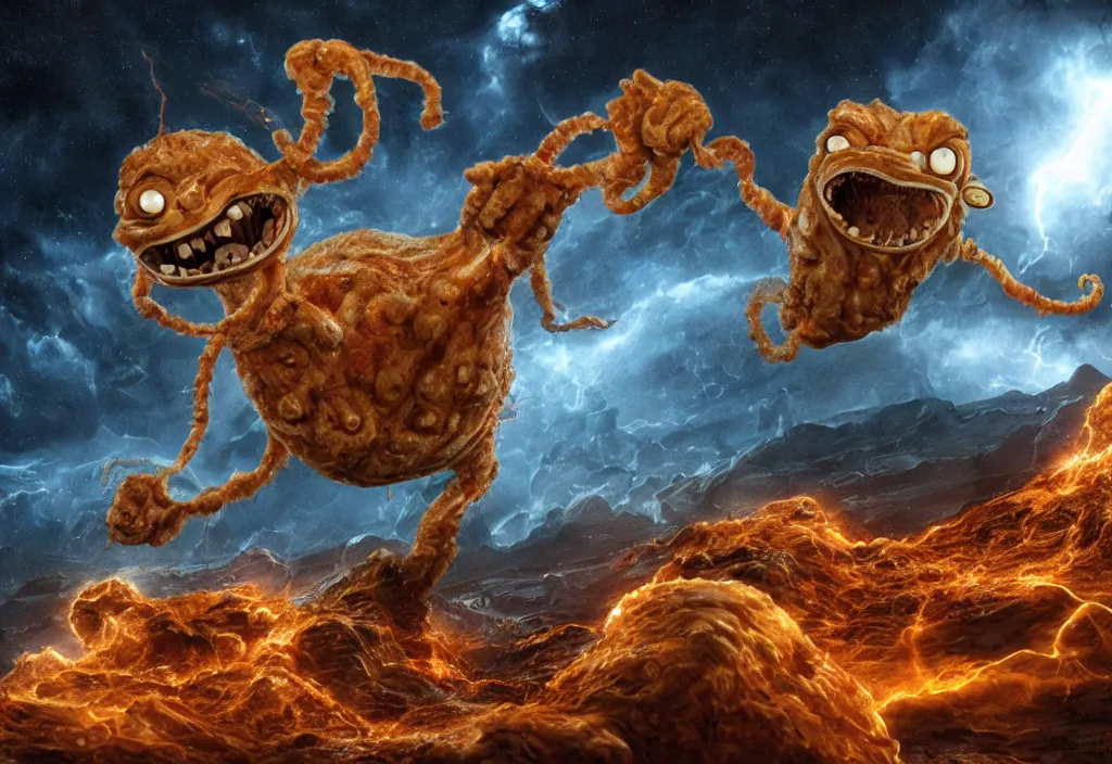 Image similar to eldritch horror bloody garfield in space, hd, 8 k, giant, epic, realistic photo, unreal engine, prophecy, powerful, cinematic lighting, destroyed planet, debris, violent, sinister, ray tracing, dynamic, epic composition, dark, horrific, teeth, grotesque, monochrome drawing, hellscape, corpses, foreboding, lightning, cartoon eyes