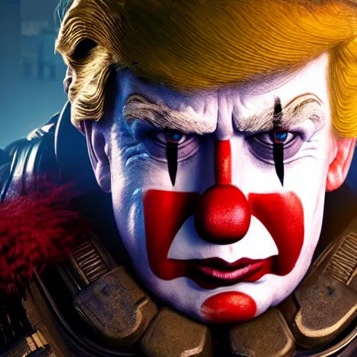 Prompt: portrait of donald trump as a clown in gears of war, splash art, movie still, cinematic lighting, ray tracing, octane render, long lens, shallow depth of field, bokeh, anamorphic lens flare, 8 k, hyper detailed, 3 5 mm film grain