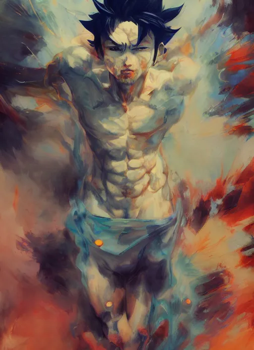 Prompt: surreal gouache gesture painting, by yoshitaka amano, by ruan jia, by Conrad roset, by good smile company, detailed anime 3d render goku, portrait, cgsociety, artstation, rococo mechanical, Digital reality, dieselpunk atmosphere, gesture drawn