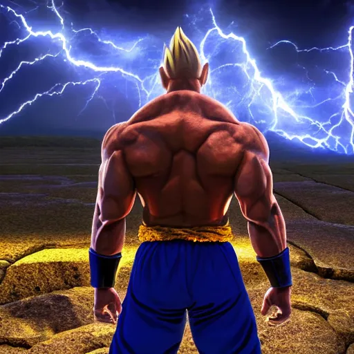 Image similar to full shot of Dwayne Johnson as Supa Saiyajin Broly at moonlight, lightning bolt, apocalyptic background, by Akira Toriyama, high detail, unreal engine 4k volumetric light, fog,