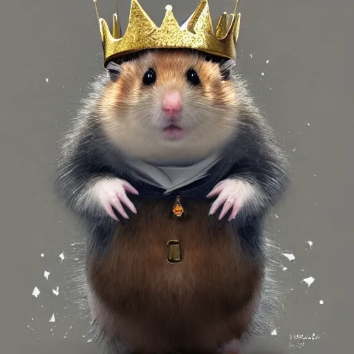 Image similar to A king hamster with a crown and a coat, digital art, highly-detailed, artstation cgsociety masterpiece