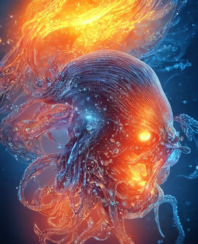 Image similar to close-up macro portrait of the face of a beautiful princess, epic angle and pose, symmetrical artwork, 3d with depth of field, blurred background, cybernetic jellyfish female face skull phoenix bird, translucent, nautilus, energy flows of water and fire. a highly detailed epic cinematic concept art CG render. made in Maya, Blender and Photoshop, octane render, excellent composition, cinematic dystopian brutalist atmosphere, dynamic dramatic cinematic lighting, aesthetic, very inspirational, arthouse. y Greg Rutkowski, Ilya Kuvshinov, WLOP, Stanley Artgerm Lau, Ruan Jia and Fenghua Zhong