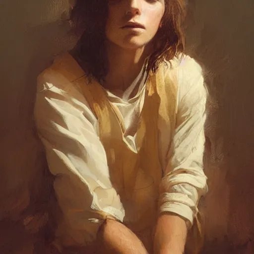 Prompt: portrait of a young shepherd with soft hair, brown hair, Greg Rutkowski