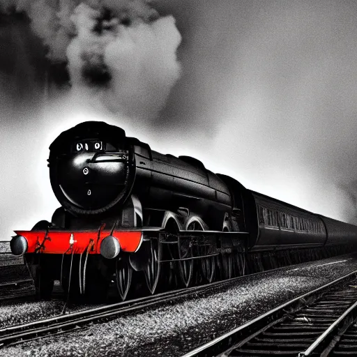 Image similar to A hyperdetailed photograph of the Flying Scotsman on the rails producing lots of black smoke in an old timey city, night, dense fog, rain, HD, 8K resolution