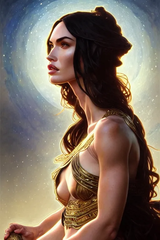 Image similar to portrait of megan fox as the goddess circe, greek mythology, intricate, headshot, highly detailed, digital painting, artstation, concept art, sharp focus, cinematic lighting, illustration, art by artgerm and greg rutkowski, alphonse mucha, cgsociety