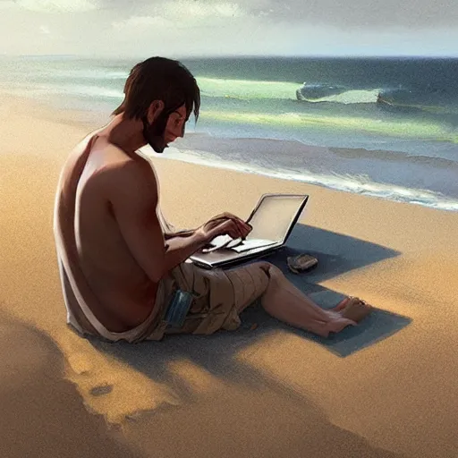 Image similar to concept art of man working on laptop at beach, perfect face, fine details, by greg rutkowski, makoto shinkai