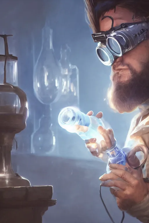 Image similar to An Alchemist inspecting a potion in his hand with goggles on by Greg Rutkowski, 4k photorealistic, volumetric lighting, HD, high details, dramatic, trending on artstation