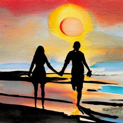 Prompt: man and woman holding hands walking along the shore of the beach, sunset, ink and brush