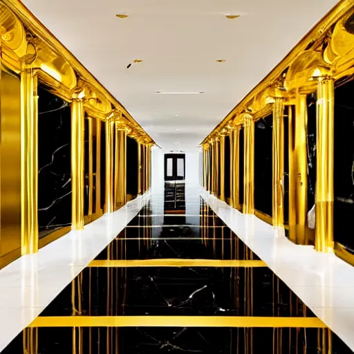 Image similar to a rectangular hallway of pure black reflective marble leading towards a red chair surrounded by gold cronenberg esque tools