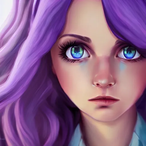Image similar to Abigail from stardew valley, purple hair, blue eyes, portrait, cgsociety, realistic, highly detailed, sublime, 16k, smooth, sharp focus, trending on ArtStation, hyperdetailed, volumetric lighting