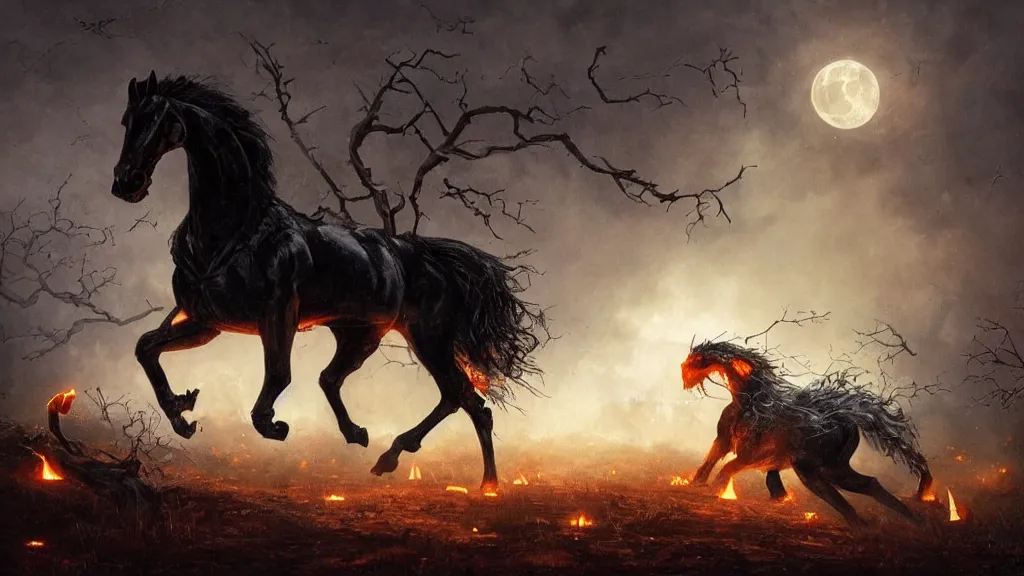 Image similar to rampant ( ( black horse ) ) with fiery eyes, a headless!!! colonial rider!!!! holds a ( jack - o - lantern ), background gnarled trees and large supermoon, in the styles of greg rutkowski, keith parkinson, and john quidor, intricate, detailed, volumetric lighting