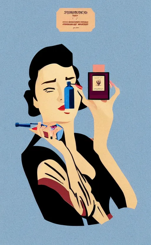 Prompt: illustration, close - up photo with beautiful bottle of perfume near nose, sniffing the aroma, an art deco painting by tom whalen, digital illustration, storybook illustration, grainy texture, flat shading, vector art, airbrush, pastel, watercolor, poster