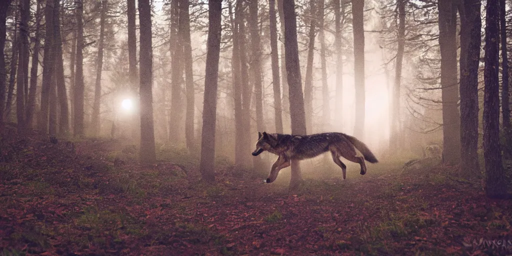 Prompt: wolf running through a forest at nighttime, illuminated by the full moon