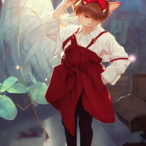 Image similar to beatiful woman wearing cat ears with big sack, a little boy wearing white shirt and red tie, anime key visual, intricate, stunning, highly detailed, digital painting, artstation, smooth, hard focus, illustration,, art by artgerm and greg rutkowski and alphonse mucha