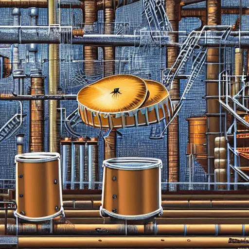 Prompt: drum kit in metal refinery by rob gonsalves