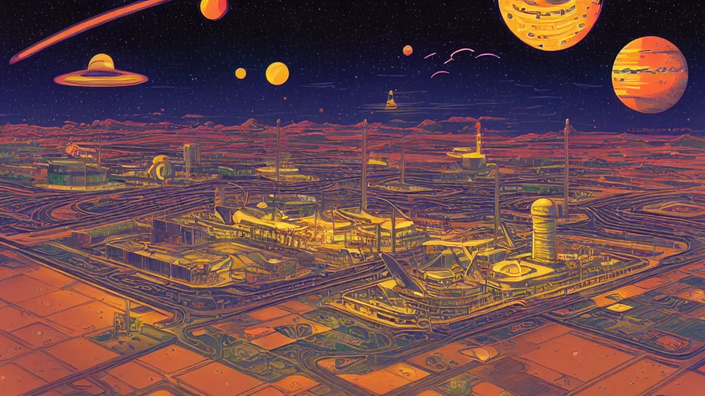 Prompt: spaceport at night by naomi okubo and dan mumford