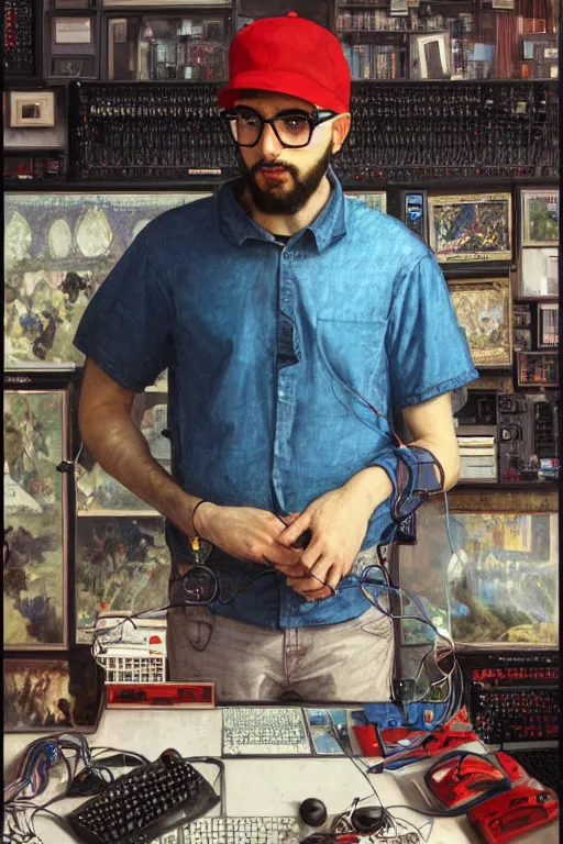Prompt: hyperrealist portrait of a ducktail bearded young middle eastern american male with wayfarer glasses and red baseball cap, it is decorated with long computer wires and computer monitors in the background. by jeremy mann and alphonse mucha, fantasy art, photo realistic, dynamic lighting, artstation, poster, volumetric lighting, very detailed faces, 4 k, award winning