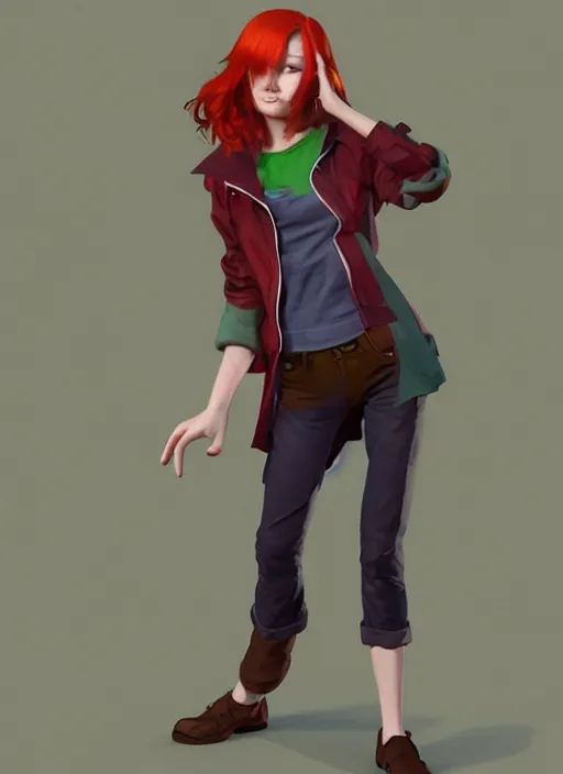 Image similar to 3D model of a full-body shot of an attractive tomboy girl with long, crimson red hair and red eyes, wearing a brown, open jacket and green jeans with a stern look, concept art, character design, by WLOP, by Ross Draws, by Tomine, by Satoshi Kon, by Rolf Armstrong, by Peter Andrew Jones