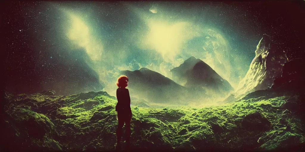 Prompt: vintage polaroid analog photo of a scifi woman on an alien planet, gigantic mountains, big clouds, lush foliage, stars in the sky, 8k, unreal engine, warm azure tones, heavy lensflare, color bleed, film grain