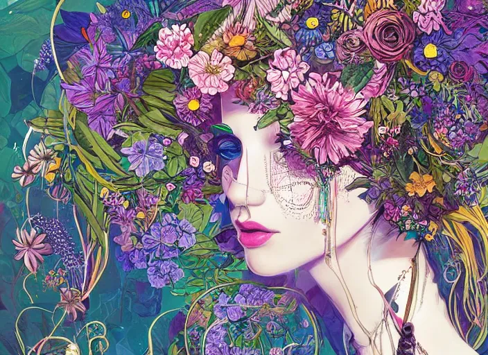 Prompt: a painting of a beautiful cyborg girl with a lot of flowers, blueberries and exotic plants on its head, poster art by android jones, behance contest winner, generative line art, made of flowers, grotesque, concert poster