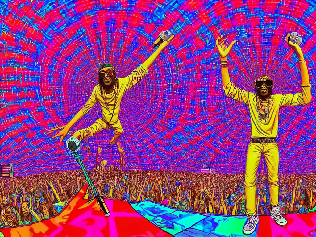 Prompt: rapping on stage at festival, holding microphone, giant crowd, epic angle, happy, psychedelic, hip hop, surreal, neon, vaporwave, detailed, illustrated by Alex Grey, 4k