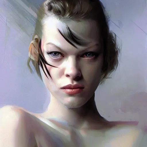 Prompt: a professional painting of a beautiful young Milla Jovovich as Leeloo, partially clothed in white straps, intricate, elegant, digital painting, concept art, smooth, sharp focus, illustration, from Metal Gear, by Ruan Jia and Mandy Jurgens and Greg Rutkowski and Artgerm and William-Adolphe Bouguerea and art germ