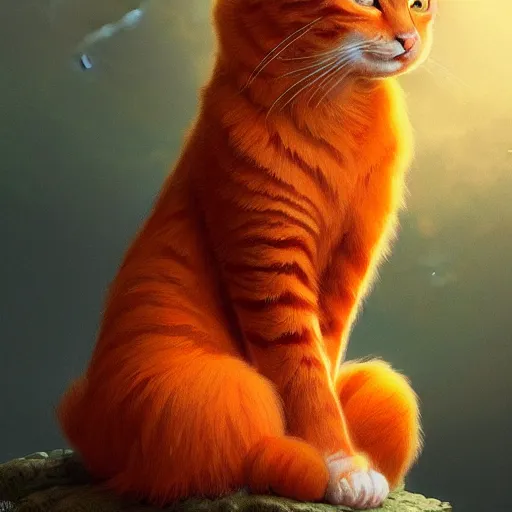 Prompt: A fuzzy orange cat sitting on planet earth, fantasy, intricate, elegant, highly detailed, digital painting, artstation, concept art, matte, sharp focus, illustration, art by Artgerm and Greg Rutkowski and Alphonse Mucha