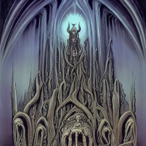 Image similar to monstrous and twisted cathedral with an altar that has a statue to many eyed veiny and four armed cthulhu, tentacles twisting in lotus position. in the style of hr giger and zdzisław beksinski and frank frazetta. blue glow, gloomy and misty. biomechanical oil painting horror