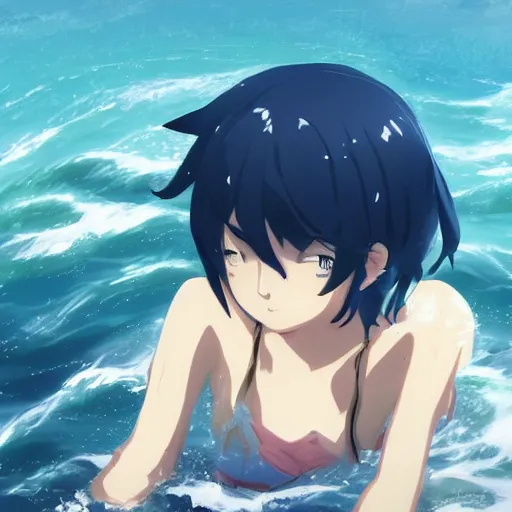 Image similar to High quality art of a girl with short blue hair drowned in the sea, anime style. Art by Makoto Shinkai, Crunchyroll, pixiv, danbooru, HD