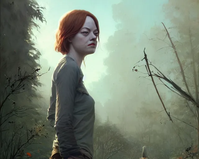 Image similar to highly detailed portrait of emma stone, in the walking dead, stephen bliss, unreal engine, fantasy art by greg rutkowski, loish, rhads, ferdinand knab, makoto shinkai and lois van baarle, ilya kuvshinov, rossdraws, tom bagshaw, global illumination, radiant light, detailed and intricate environment