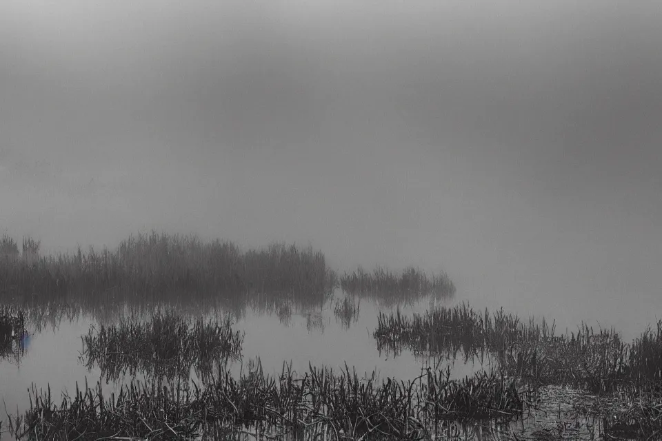 Prompt: A swamp with many natural stone spikes rising from the water. A concrete and steel structure is impaled by taller spikes in the distance shrouded by fog