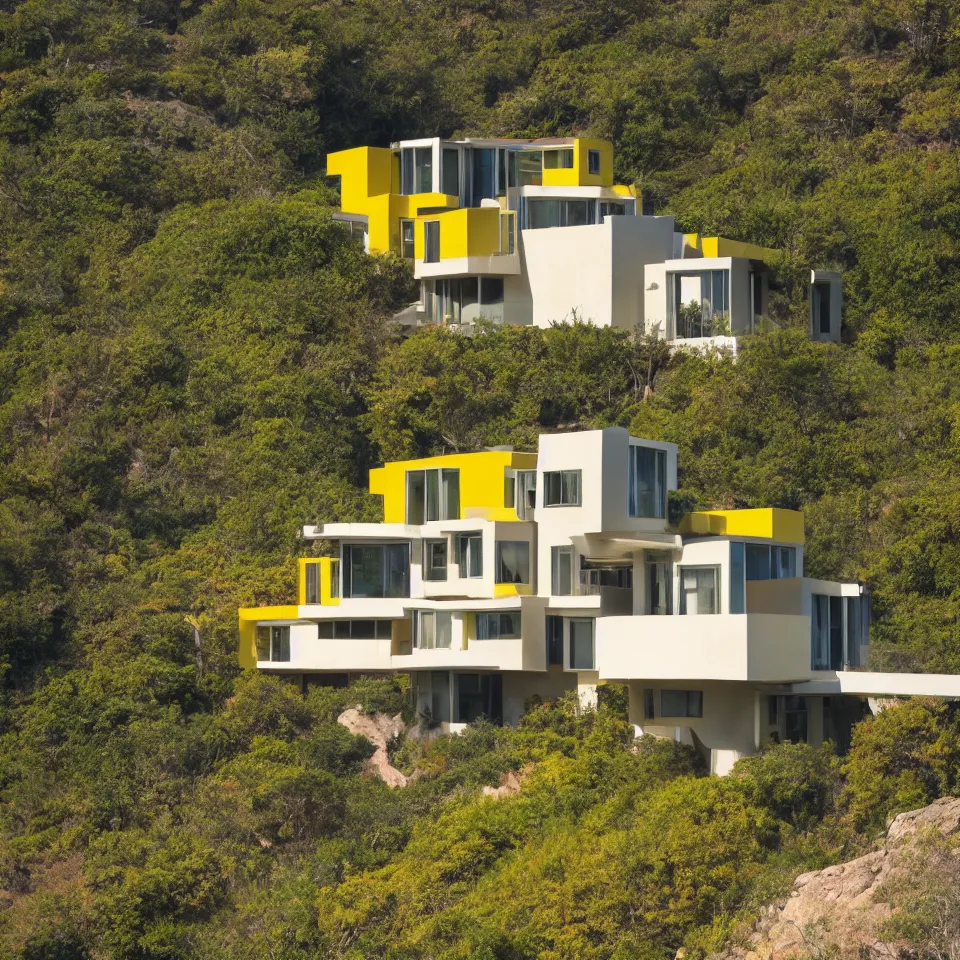 Prompt: a mid-century modern house on a cliff, designed by Frank Gehry. Big tiles. Small wooden pathway . Film grain, cinematic, yellow hue