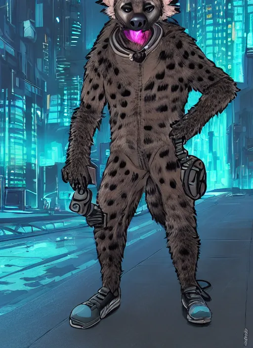 Prompt: character portrait of a male anthro hyena fursona with a tail and a cute beautiful attractive detailed furry face wearing stylish cyberpunk clothes in a cyberpunk city at night while it rains. color page, tankoban, 4K, tone mapping. By Nomax, Kenket, Rukis. comic book style, photorealistic, professional lighting, hyperdetailed, high resolution, high quality, dramatic, deviantart, artstation, 4k, real photo