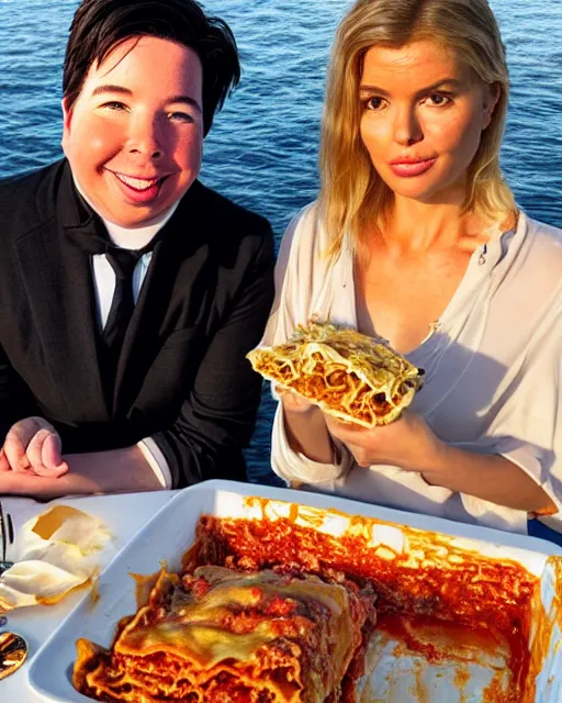 Image similar to Portrait of Michael Mcintyre & a blonde lady eating lasagna on waterfront in Porto, sunset, real life skin, intricate, elegant, highly detailed, artstation, concept art, smooth, sharp focus, art by artgerm and greg rutkowski and alphonse mucha