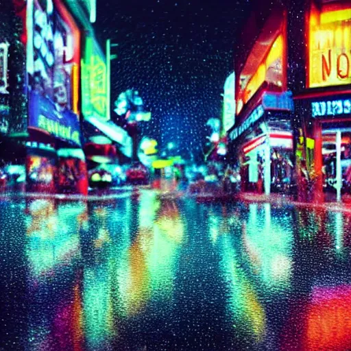 Image similar to Bustling photorealistic!!! rainy neon street in a utopian city illustrated and reimagined by Max Hay, inverted fisheye lens!!!, eyelevel!!! view!!! photography, trending on artstation, 4k, 8k, lens distortion, chromatic aberration, soft focus blur, photorealistic imagery, photorealistic details, intricate, highly detailed, artstation 3d, artstation render, artstation 3d render, 3d art, unreal engine 3d, octane 3d, blender 3d, 3d landscape
