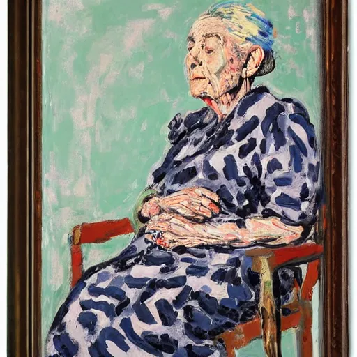 Image similar to painting of an old woman sitting on a chair, staring at you, by georg baselitz