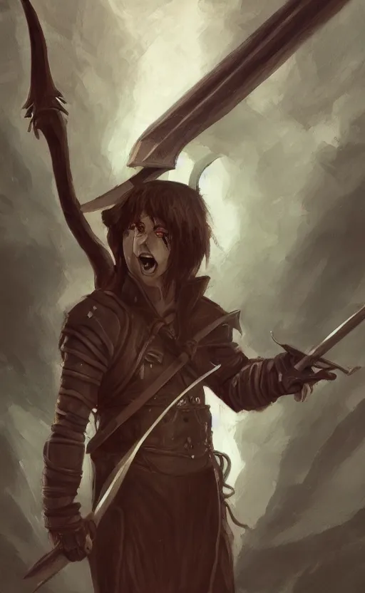 Image similar to an oil drawing of a young vampire with great sword in his hand, a character portrait by muggur, disco elysium character, featured on deviantart, fantasy art, concept art, official art, hd mod