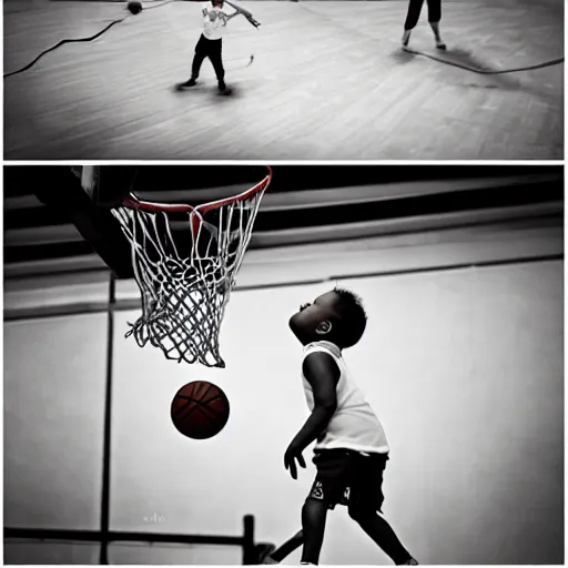 Image similar to a baby dunking a basketball, dramatic action photography, epic shot