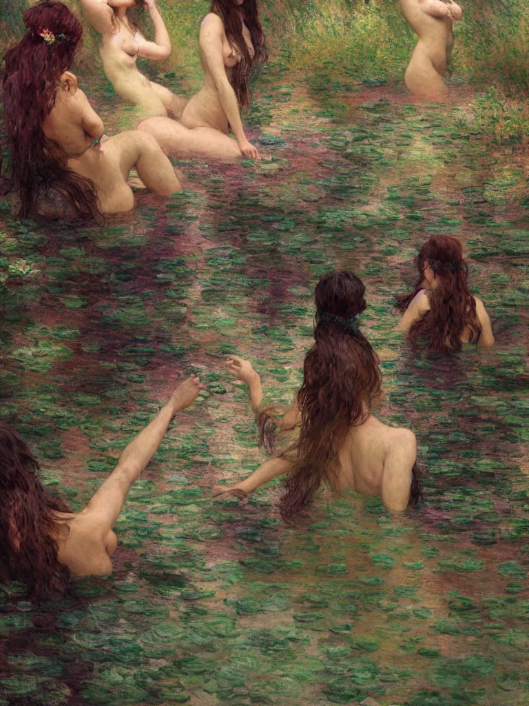 Image similar to illustration studio portrait of three dark beautiful woman bodies mermaids female energy in artistic poses in the river at the forest, monet painterly motives and textures pattern, hyper detailed, octane render, vivid colors, artstation, by jeremy mann, by alphonse mucha, by monet