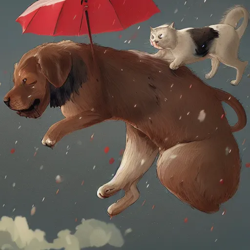 Image similar to giant cats and dogs are falling from the sky like rain, bystanders watching from the sides, 4 k, by miyazaki, monokubo, artstation,