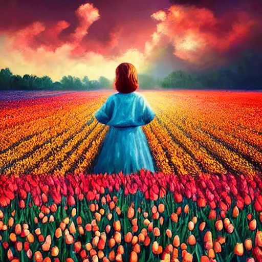 Prompt: girl with singular giant tulip as a head, surreal photography, flower field, sunset dramatic light, impressionist painting, colorful clouds, blue sky, digital painting, artstation, simon stalenhag